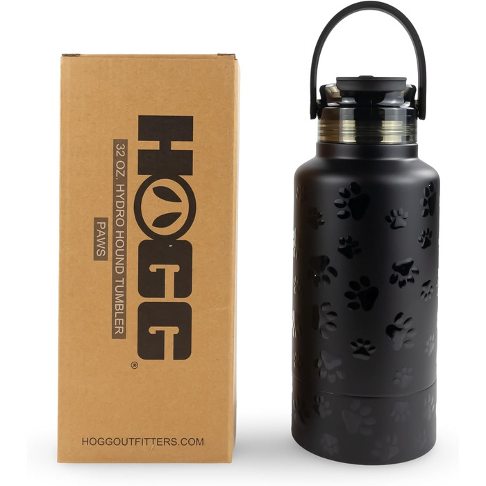 Водяна пляшка для собак Hogg Hydro Hound: портативна миска, ізотермічна, з нержавіючої сталі, чорний дизайн з відбитками лап
