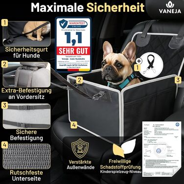 Автокрісло для собак VANEJA: безпечне та зручне автокрісло для маленьких собак, чорного кольору, з водонепроникним кошиком та фіксаторами, TÜV-сертифіковане
