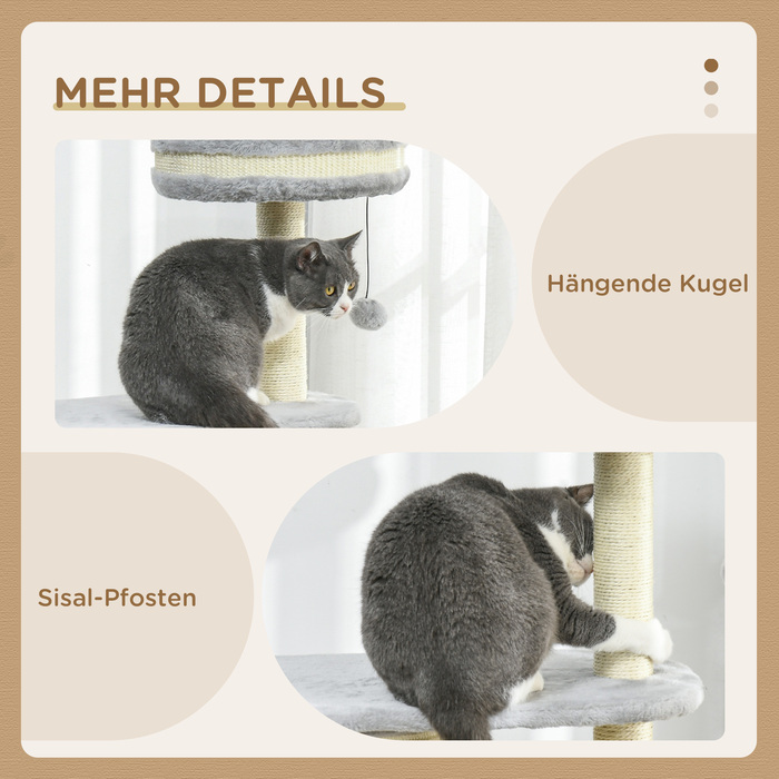 Кігтеточка PawHut Cat з 2 отворами, мотузковий стовпчик з сизалю, кілька платформ, м'яка плюшева та м'ячова іграшка, сіра 59x35x100 см