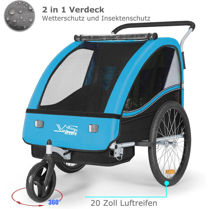 Дитячий причіп Tiggo VS 2 в 1 для велосипеда з функцією коляски та бегуном, блакитний