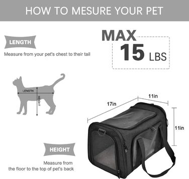 Транспортна сумка для котів та собак, м'які стінки, для середніх та маленьких перельотів, складна переноска для кроликів, цуценят, для подорожей (чорний, середній) 43 см x 28 см x 28 см, чорний