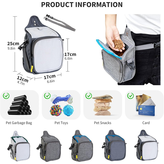 PETCUTE Сумка для тренування собак, міцна сумка для ласощів, сумка для перекусів для собак зі змінним плечовим ременем, поясний ремінь і кліпса (темно-сірий + сірий)