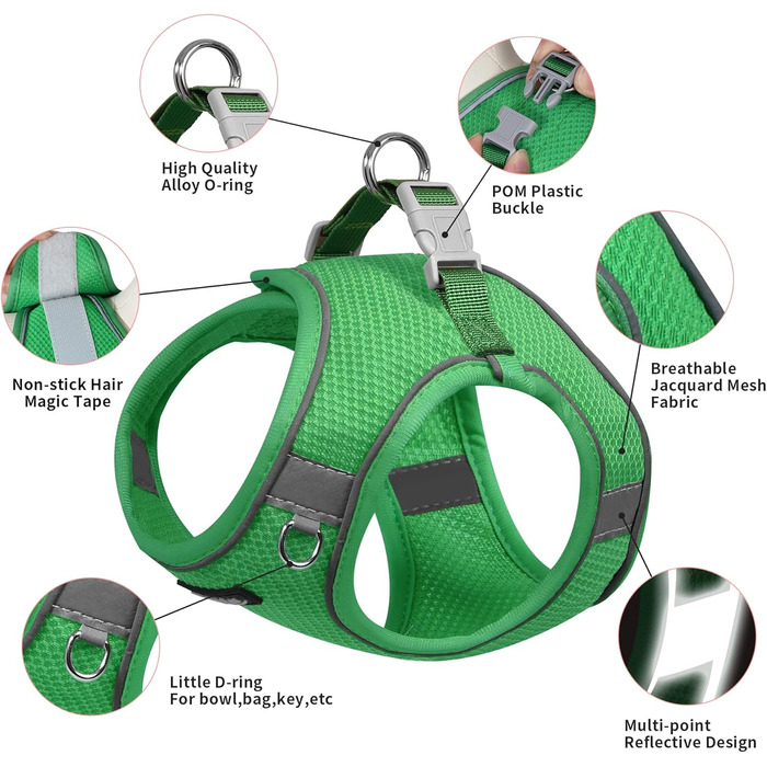 Нашийник та поводок для цуценят, комплект для прогулянок, нашийник-трансформер, м'який, дихаючий, аксесуари для домашніх тварин, світловідбиваючі смуги, для дуже маленьких собак та котів, XXXS (Обхват грудей: 8.5 - 10 см), Зелений, XXXS