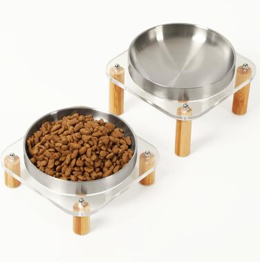 Підвищені миски для котів DoogCat – 2 шт. з акрилу, нержавіюча сталь, 14 см, для дому, зручне годування, для котів з чутливими вусами (сріблясті)