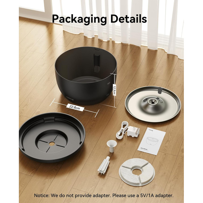 Фонтанчик для котів FEELNEEDY 3L з фільтром з активованого вугілля - фонтанчик для котів з нержавіючої сталі, прозорий резервуар, чорний колір