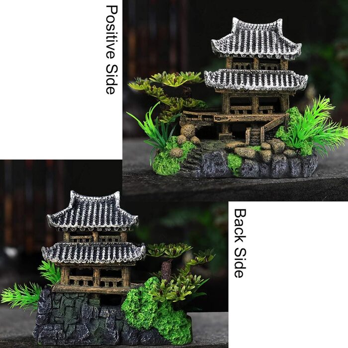 Декорація для акваріума ODOOKON: Стара будівля в східному стилі, 5 штучних рослин, 16x15x10 см