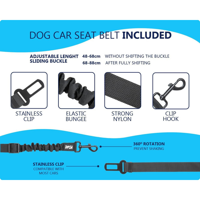 Автокрісло для собак RAGI з ременем безпеки - міцне та стабільне. Захист сидінь авто, переноска для собак на заднє сидіння. Чорний колір.