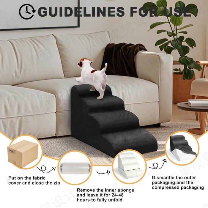 Сходинки для собак, 4 сходинки, для ліжка та дивану, знімний чохол, миється, для маленьких собак, чорний колір