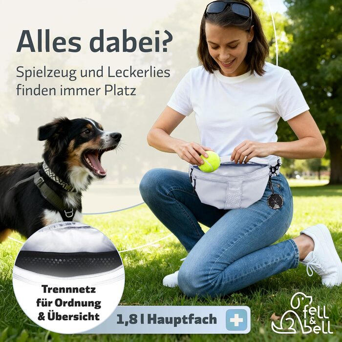 Водонепроникний ласоконний мішечок для собак fell&bell Leckerlitasche – з 2 відділеннями для снеків, 1,8 л основного відділення, кишенькою для телефону та диспенсером для відходів | Сумка для годування собак, тренувань та цуценят, блакитно-сіра
