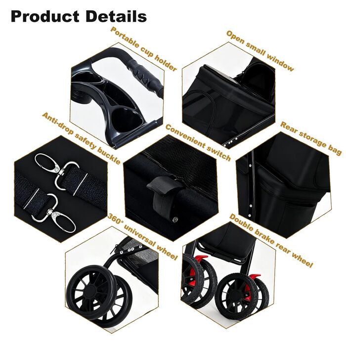 Подвійний візок для собак середніх та маленьких порід, котів, до 22,7 кг, універсальні колеса на 360°, легкий, складається в одну руку, для кошенят, цуценят, дитячий візочок для тварин (подвійний)