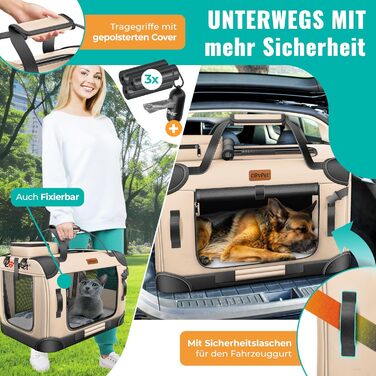 LOVPET® Транспортна переноска для собак та котів, 60x42x44 см | Складана переноска для тварин з мискою та плечовим ремінцем | для котів та собак, Бежевий M