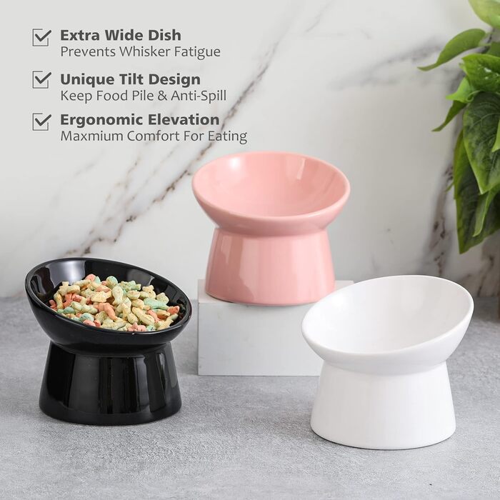 Котловий набір з кераміки, піднятий на 15°, для котів, запобігає зворотному викиду, 280 мл, білий (рожевий)