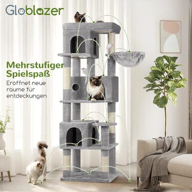 Драбина-стіл для котів Globlazer з 3 будиночками, платформа, 5 сизалевих стовпчиків, кошик та іграшками, 168 см, сірий