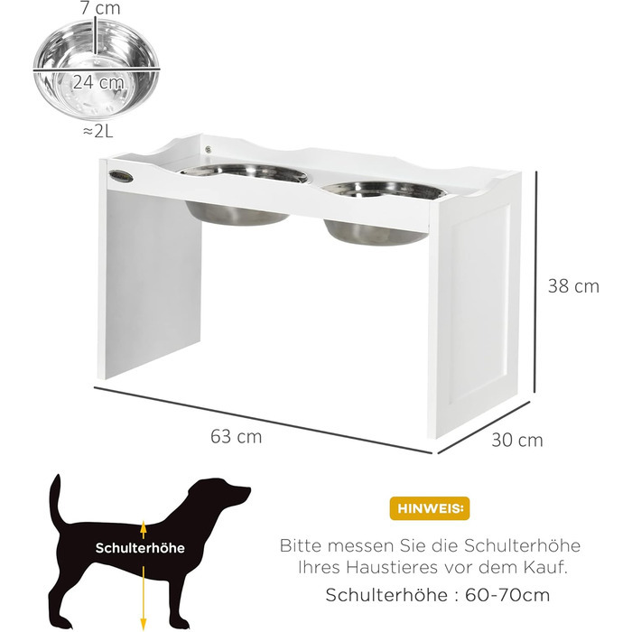 PawHut Підвищена годівниця для собак, 2 x 2L, нержавіюча сталь, білий колір, для великих собак
