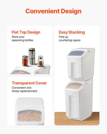 Набір контейнерів для зберігання VEVOR: 4 шт. (2 x 15 л / 2 x 20 л) з колесами, мірним стаканчиком та герметичними кришками. Підходять для кормів для тварин, круп, мюслі та кухонних інгредієнтів.