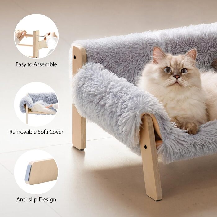 Підвищене дерев'яне котяче ліжко MEWOOFUN, 56x45 см, міцний великий котячий диван, модний стілець для котів із знімним чохлом, витримує до 10 кг, сірий