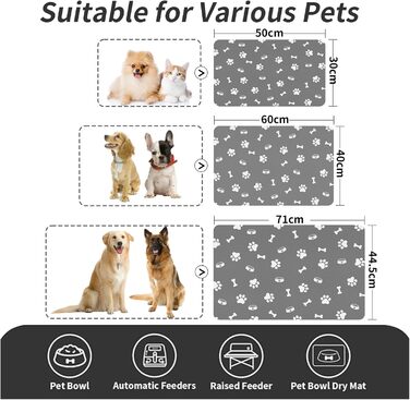 Підкладка для годівлі домашніх тварин – вбираюча підкладка під миски для їжі та води, без плям, швидковисихаюча (Світло-сіра з багатьма лапами, 40 x 60 см)