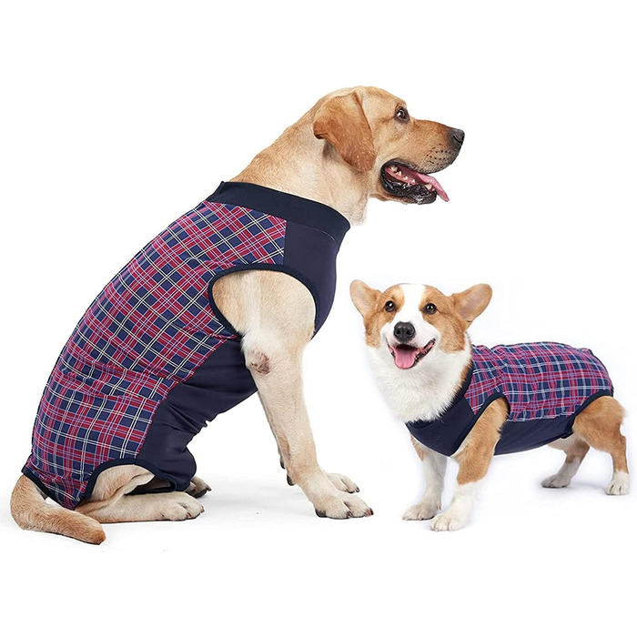 Комбінезон для собак, дихаючий, для захисту післяопераційних ран, альтернатива конусу, післяопераційний (S, 1 шт, синій+червоний)