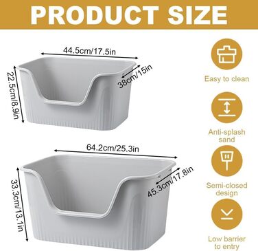 Відкритий лоток для котів Duscdesp, великий 64x45x33 см, без кришки, з високим бортиком, сірий, для великих котів та кошенят, захист від розбризкування