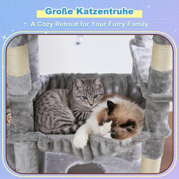Комплекс для котів Hey-Brother Kratzbaum 182 см, сірий: подрядний стовпчик, 2 лежанки, 3 гамаки, будиночок, ігровий майданчик