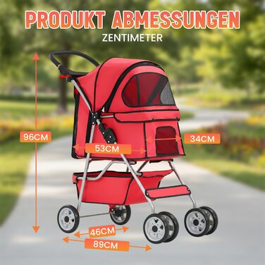 Візок для собак FDW, складний, для котів та собак з обертовими колесами на 360°, з кошиком для зберігання, подушкою та сітчастими віконцями, тримачем для напоїв, до 15 кг, червоний