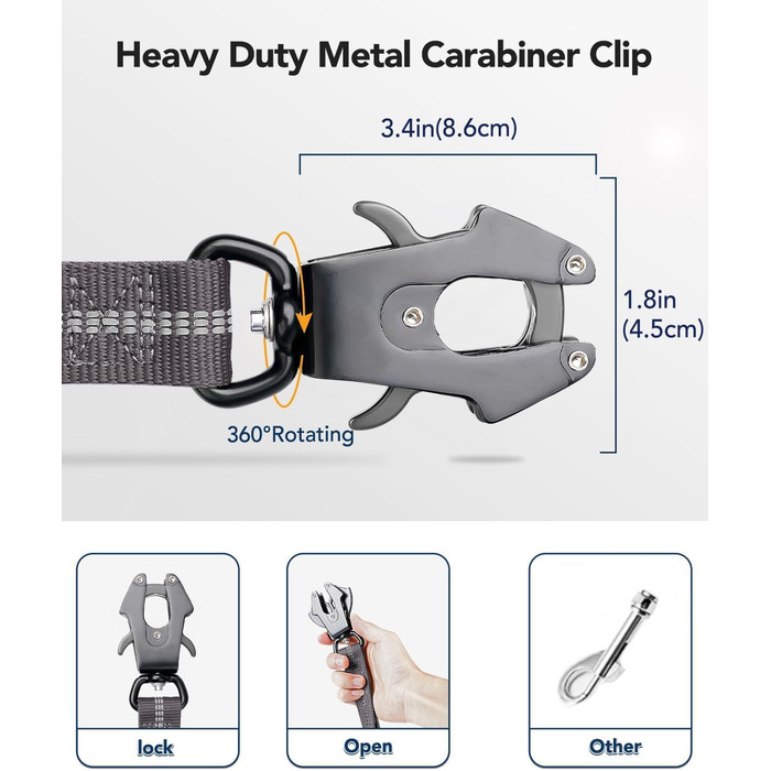 Тактична повід для собак Joytale, еластичний (bungee) повід з двома м'якими ручками, автофіксатор, повід без ривка для собак середніх, великих та екстра-великих порід (1.2м-1.8м, сірий)