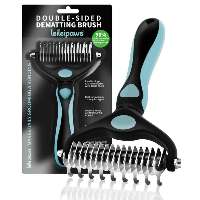 Гребінець для собак та котів проти вичісування – ергономічна ручка, міцний, 17/9 зубців, видаляє ковтуни та підшерстя, дешадінг-щітка для довгошерстих та короткошерстих порід (Синьо-чорний)