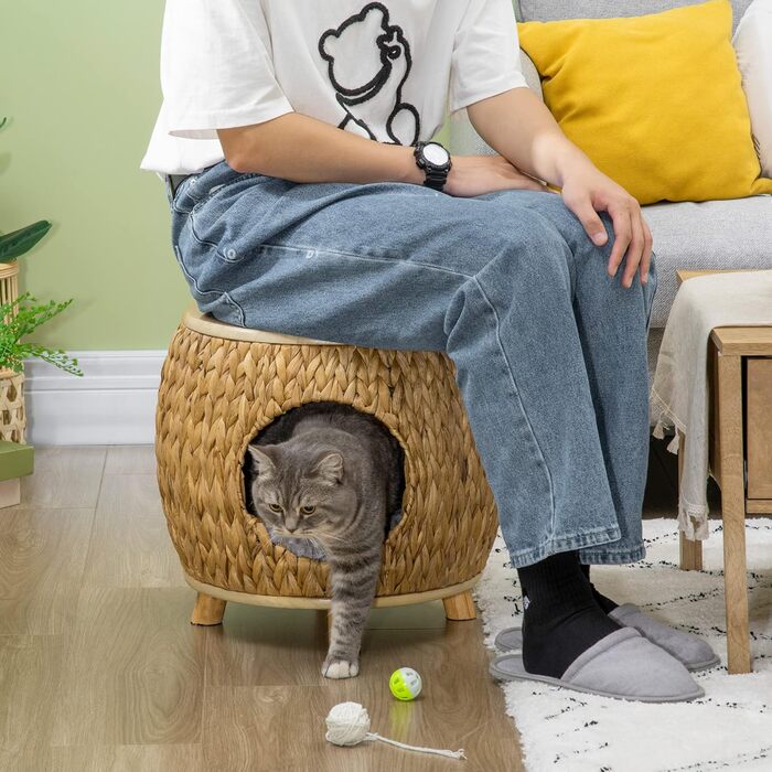 Котяча хатинка Pawhut з ротангу 2-в-1, кошик з подушкою, ліжко для котів і тварин, водяна гіацинта, дерево павловнії, світло-коричневий+сірий, 44x43x42 см