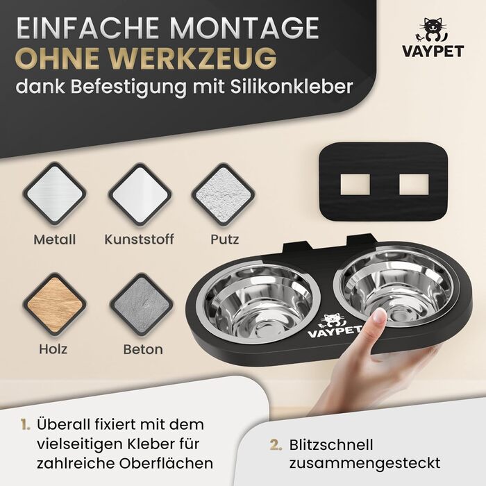 Настінний годівниця для котів VAYPET® з нержавіючої сталі, без свердління, білий/чорний