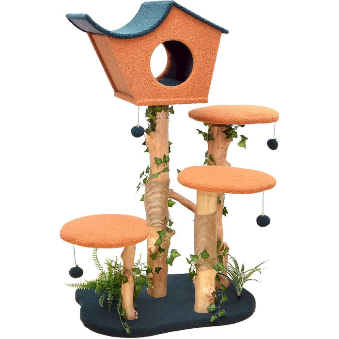 Котячий будиночок з подвір'ям та дряпалкою Fudajo 154 см, з м'яким хутром та деревом, з іграшками