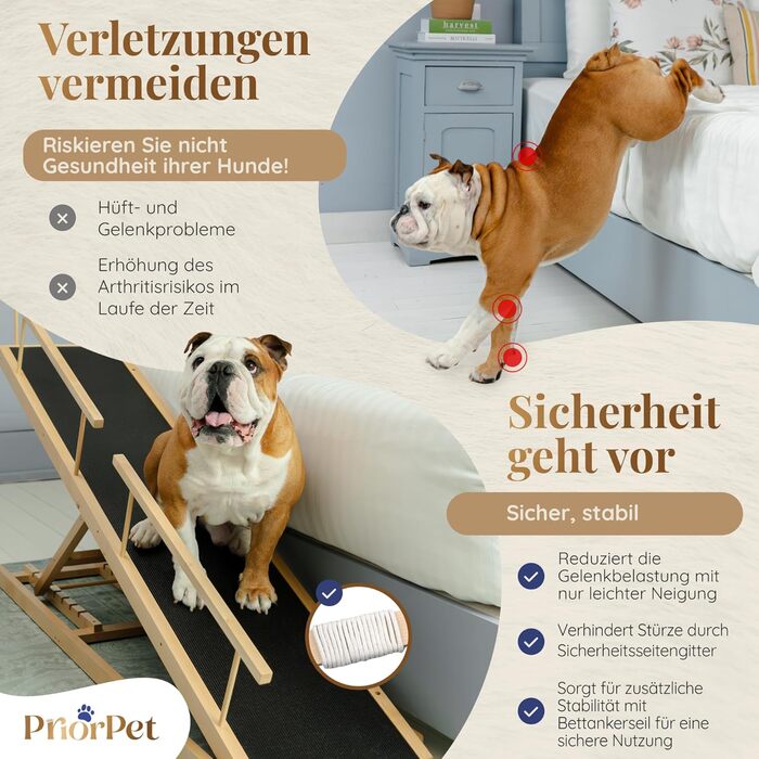 Сходинки для собак PRIORPET з берези з захисним бар'єром - регульована висота до 94.5 см - складаються - антиковзні ручки - для маленьких собак до 23 кг - коричневий (натуральний)