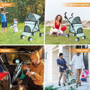 Візок для собак Regenschirm Hundebuggy для маленьких собак 10-9 кг, розкладний, легкий, 4.1 кг, з подвійним плечовим ременем, кошиком для зберігання, тримачем для напоїв, Темно-зелений (Блакитно-зелений)