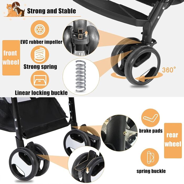 Візок для собак та котів, сірий, до 20 кг, з поворотним колесом та гальмом