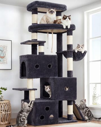 Комплекс для котів Heybly Kratzbaum 188 см, сірий: будинок, лежанка, кігтеточка з сизалю