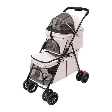 Двоповерховий візок для собак, складаний візок для котів з ременями безпеки, гальмами, вантажопідйомність до 15 кг на кожному поверсі, для собак та котів середніх та малих порід, сірий