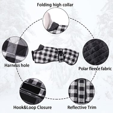 Водонепроникний теплий зимовий одяг для собак породи Віндгаунд/Вайппет/Лурчер, з флісовою підкладкою, регульований, розмір S (довжина спини 51-53 см), в клітинку, чорний
