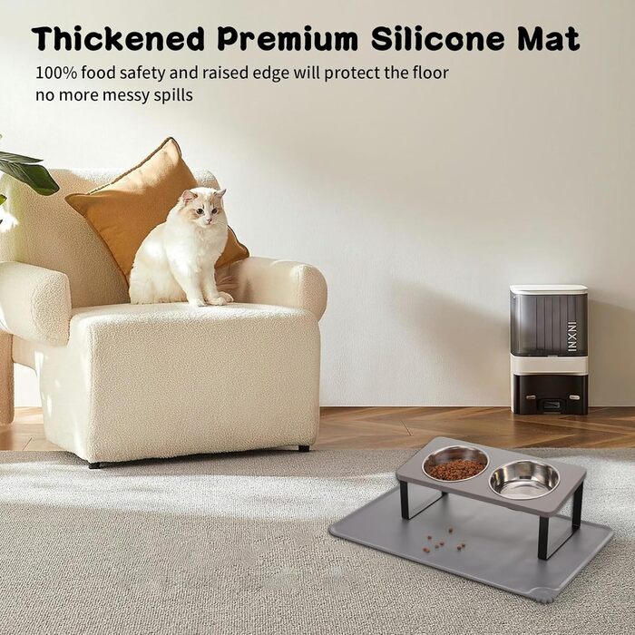 Підвищений годівниця для котів з килимком, нахилений під кутом 15°, годівниця проти блювоти для корму та води, 2 шт. з нержавіючої сталі для котів та цуценят (сірий), 2 миски сірого кольору