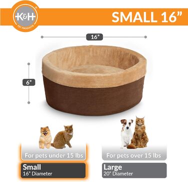 K&H Thermo-Kitty — підігрівальне ліжко для котів, маленьке, 40,6 см, мокко/світло-коричневе, електричне, затишне спальне місце для домашніх тварин