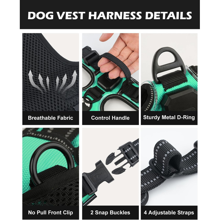 Світловідбиваючий нашийник для собак Joytale з LED, для середніх собак, без натягування, з ручкою, регульований, для нічних прогулянок, зелений, розмір M (1 шт.)