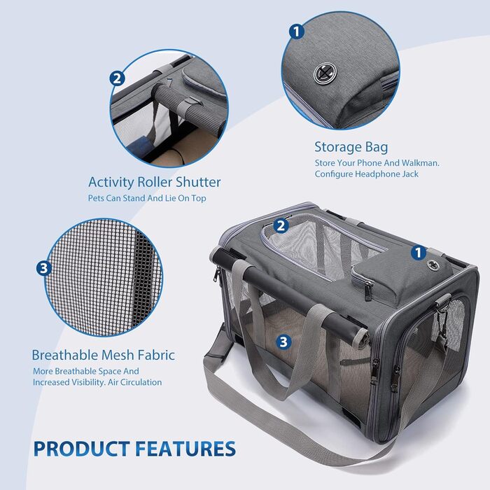 Транспортна переноска для котів та собак PETCUTE, сіра, для подорожей, кемпінгу, з регульованим плечовим ременем, розкладний дизайн