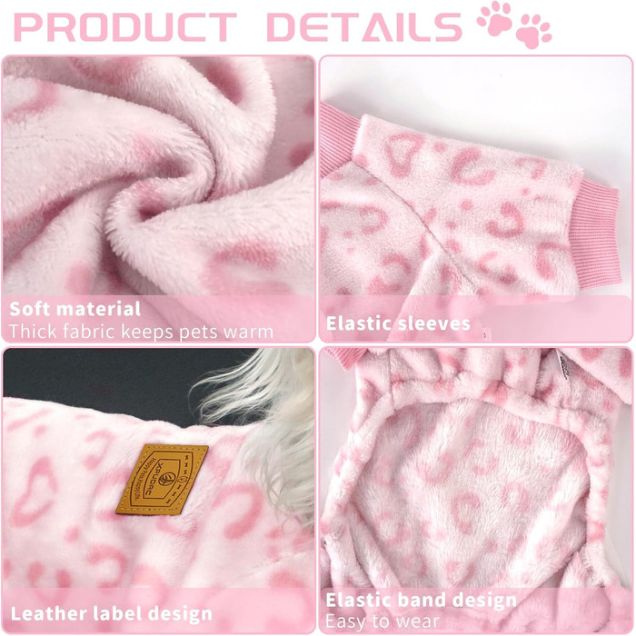 Піжама для собак XPUDAC, фліс, теплий пуловер для маленьких та середніх собак, дівчаток та хлопчиків, м'яка зимова одежда для собак, розмір S, M (груди 15', 16.5'), рожевий леопардовий принт