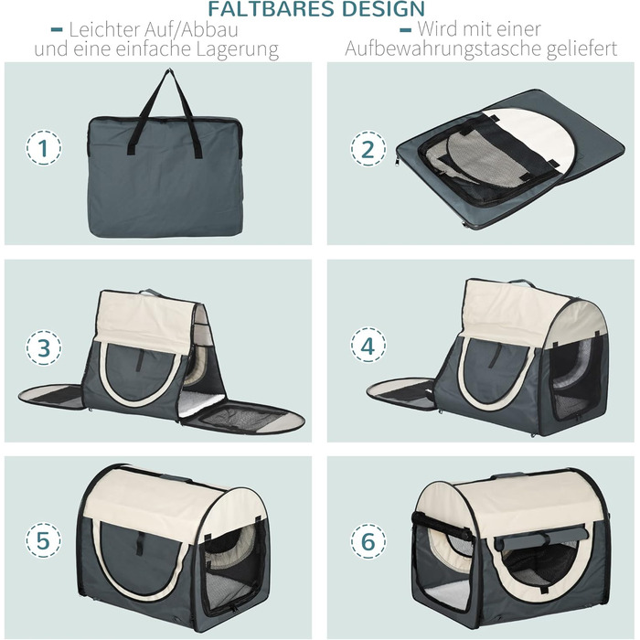 PawHut Складана переноска для собак, транспортна переноска для тварин, 5 розмірів, темно-сірий, L 61 x 46 x 51 см