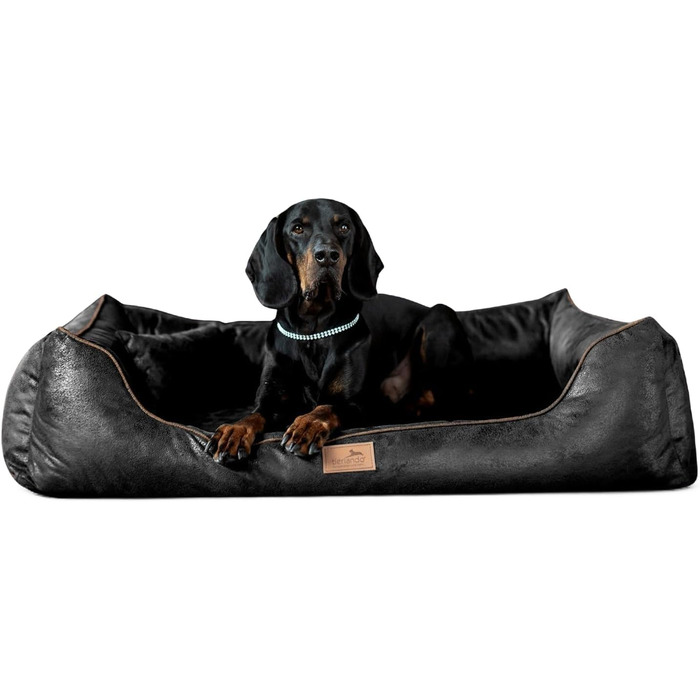 Ортопедичне ліжко для собак Tierlando® Alberto у вінтажному стилі знімний велюровий чохол, комфортне та легке у догляді | Розмір: 120x85 см | Чорний