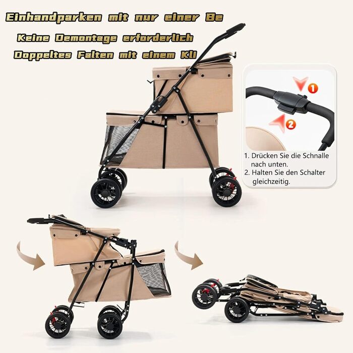 Складаний візок для собак на 2 яруси, переноска для домашніх тварин до 24 кг, візок для собак з сітчастими віконцями, ремінь безпеки, 4 колеса, складаний візок для котів та маленьких собак (колір: коричневий)