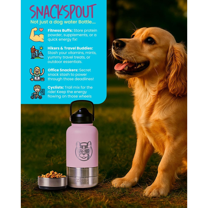 3-в-1 пляшка для собак з мискою та відсіком для ласощів, 1 л, Babyrosa | Без BPA, ізольована, для прогулянок