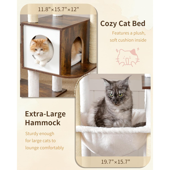 Дерев'яний котячий комплекс Heybly Kratzbaum HCT121WB (Vintage-Braun), 179 см, з будиночком, гамаком та сизалевими стовпчиками