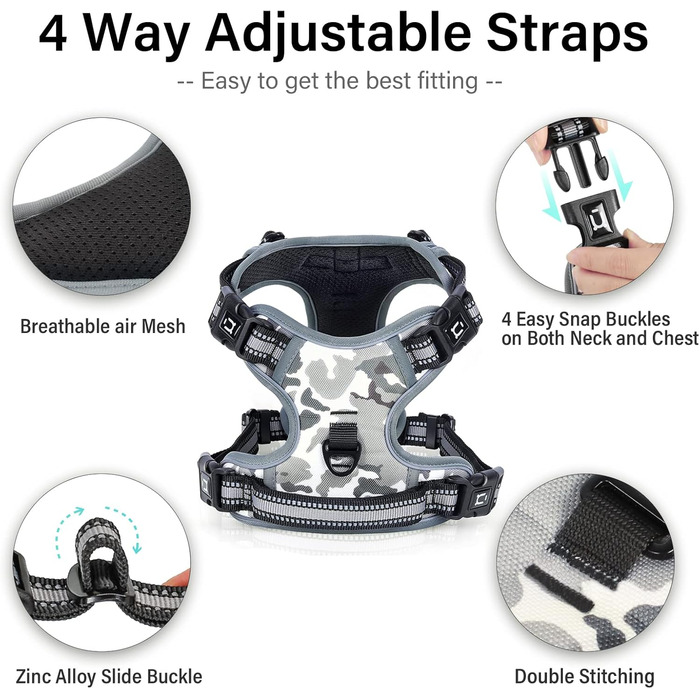 Нагрудник для собак No-Pull, антинатягний, для маленьких, середніх та великих собак - м'який, дихаючий, регульований, світловідбиваючий, з м'яким ручним захопленням (L, Camo Grey)
