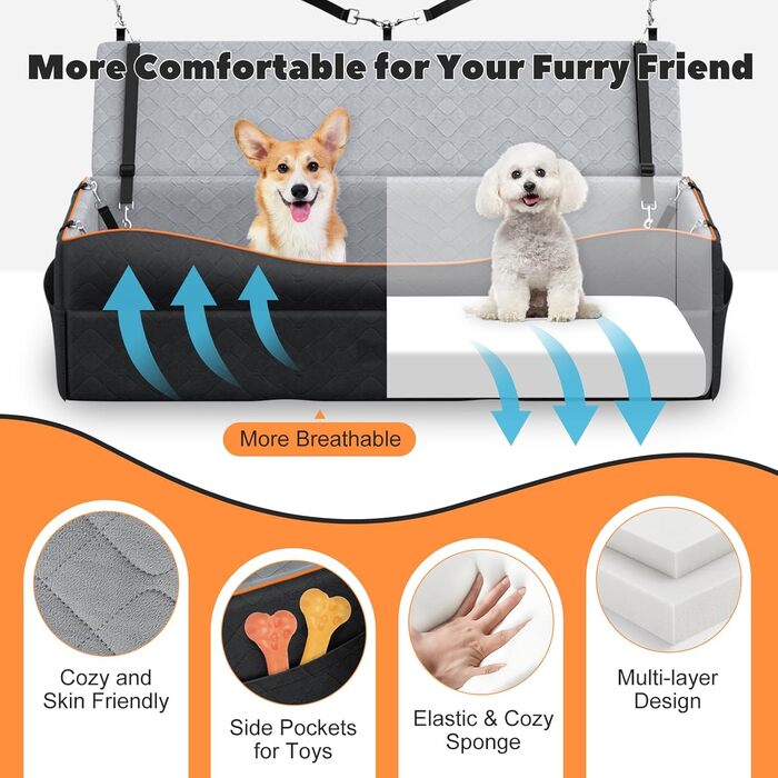 Автокрісло для собак великих порід, лежанка-софа з товстим шаром піни та 2 страхувальними ременями, автокрісло для собак середніх та маленьких порід (до 45 кг), чорний/сірий колір, L