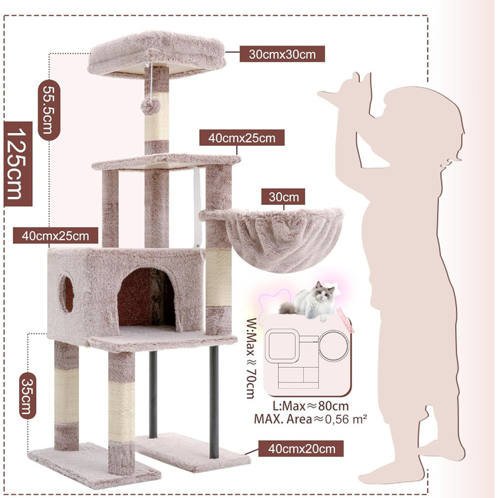 Котячий будиночок Heybly Kratzbaum HCT200SW: зручний когтетоп з будиночком, стійка конструкція 125 см (коричнево-бежевий)
