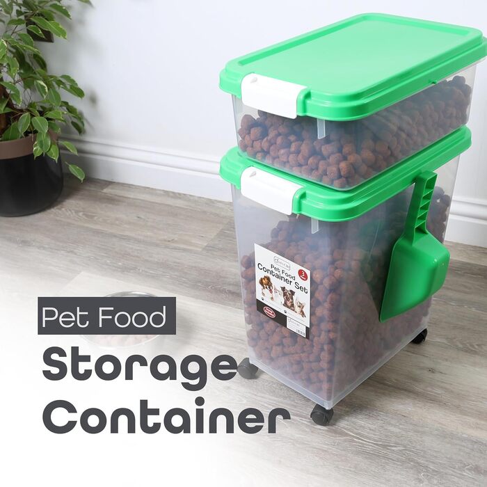 DIVCHI Контейнер для зберігання корму для тварин, 3 шт. з мірною ложкою, для собак, котів, корму, з роликами, зелений